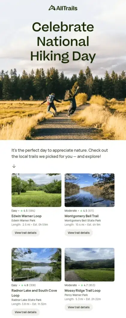 Hiking newsletter, highlighting course details, booking options, and membership information.