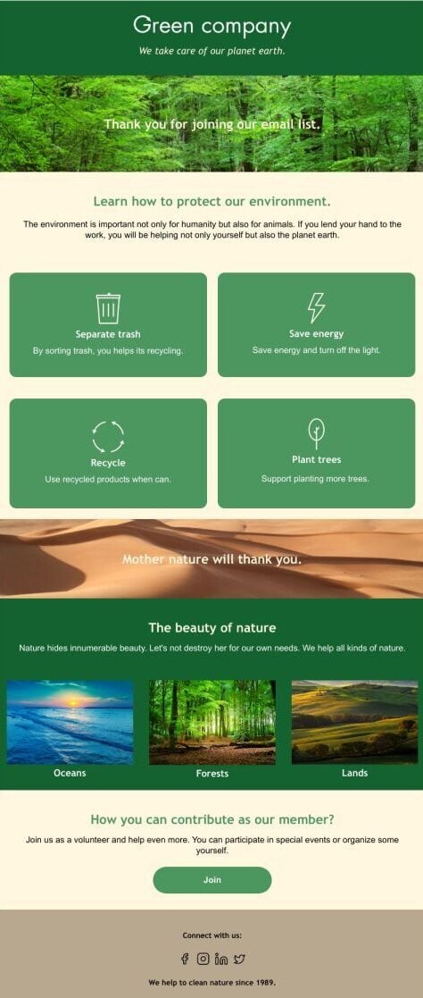A modern green company website template featuring eco-friendly design elements and a clean, user-friendly layout.