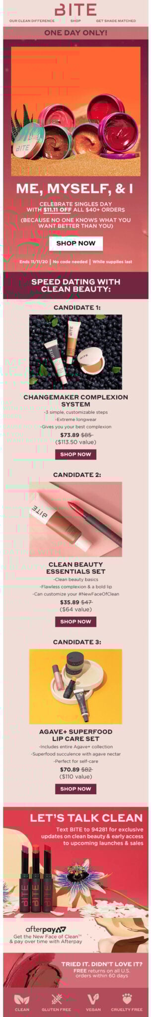 Email design showcasing a vibrant new cosmetic collection for Singles Awareness Day, featuring colorful shades and designs.