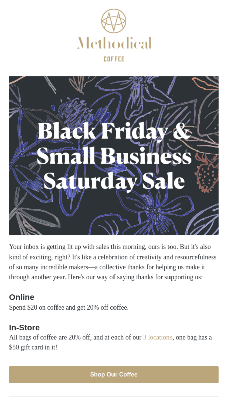 Email design showcasing the Black Friday and small business sale.