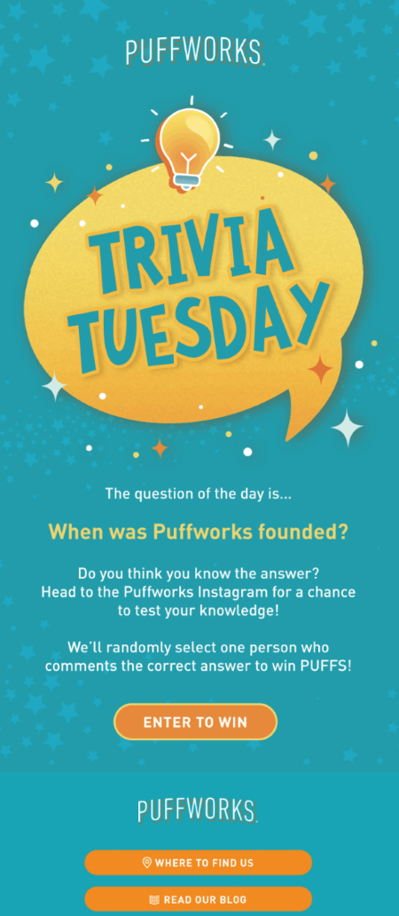 A vibrant graphic promoting Puzzleworks Trivia Tuesday, featuring engaging trivia questions and a fun atmosphere.