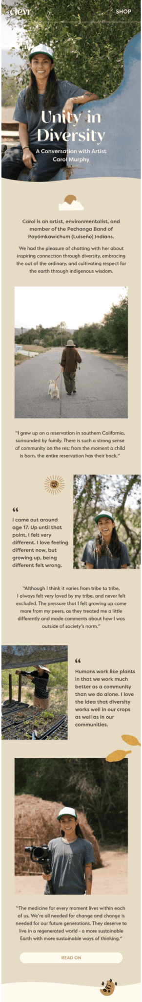 A newsletter featuring artist and environmentalist Carol Murphy, discussing her journey, connection to community, and the importance of diversity and indigenous wisdom.