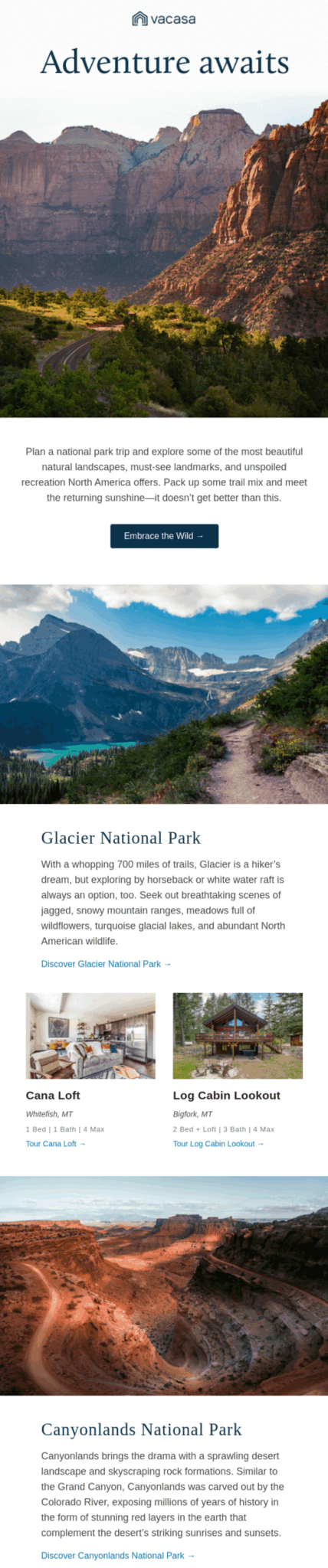 Email design showcasing an adventurous theme, featuring vibrant colors and engaging visuals that invite exploration.