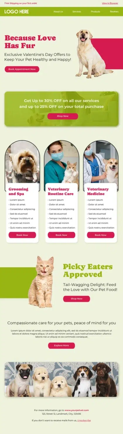 A modern website design showcasing a pet store, featuring vibrant colors and images of various pets and pet products.
