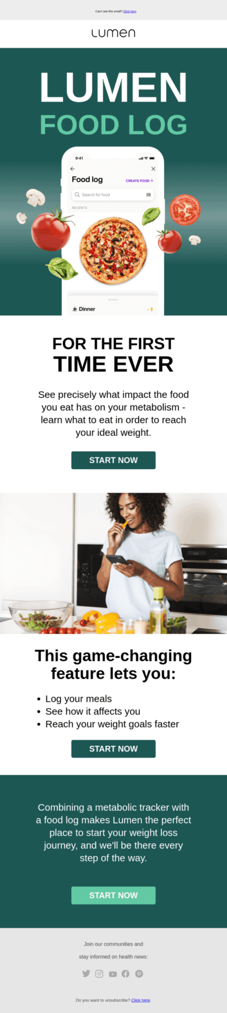 Lumen email design showcasing delicious pizzas, perfect for weigh-in day celebrations and healthy eating choices.