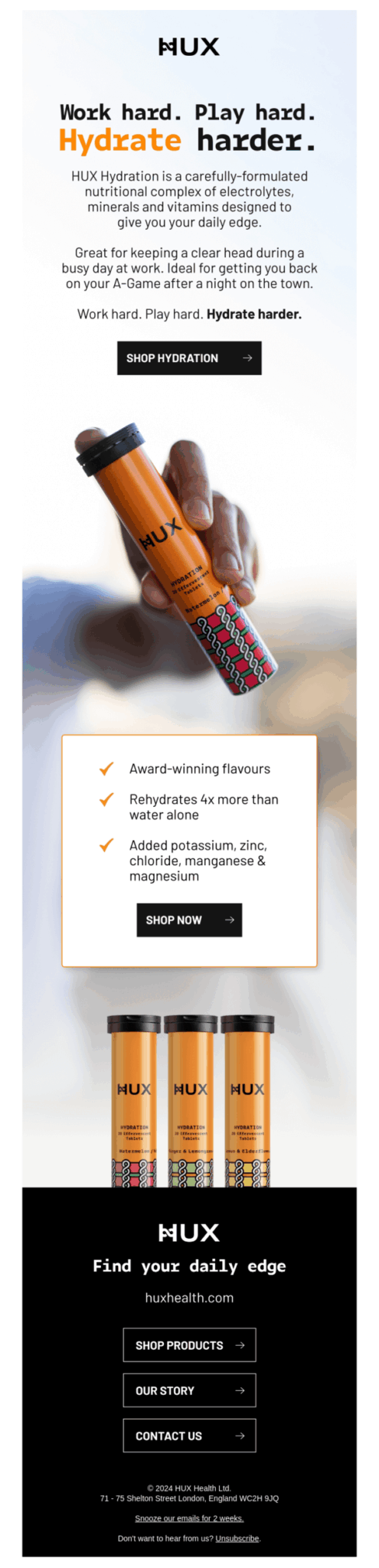 Huxx website displaying various vitamins and supplements aimed at promoting a healthier lifestyle and improved well-being.