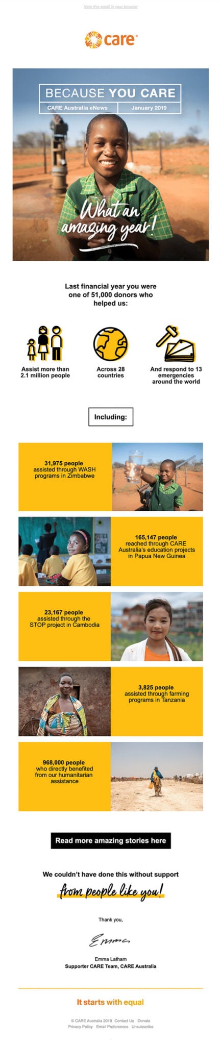 Email design for a charity dedicated to assisting individuals, promoting support and awareness for World Care Day.