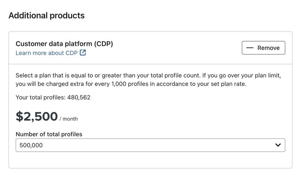 Product page showcasing Klaviyo Customer Data Platform pricing details and features for effective customer data management.