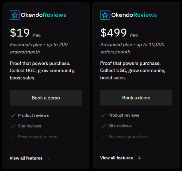 Okendo’s pricing is based on orders per month.