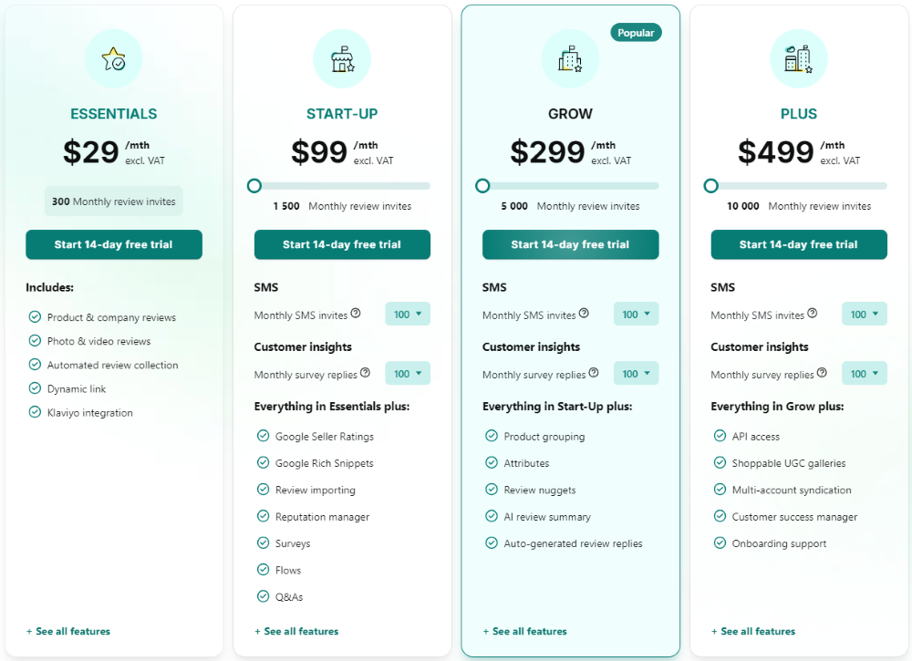 Reviews.io three types of pricing