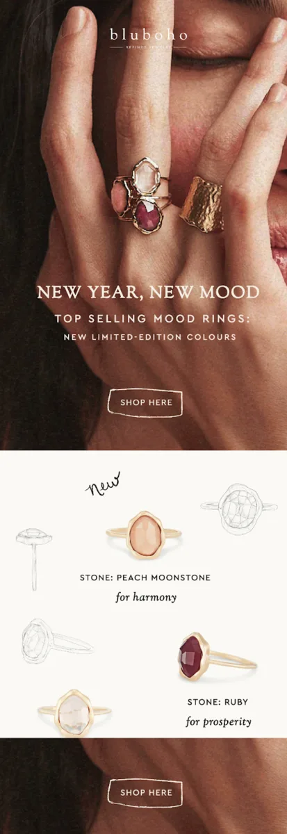Bluboho's new year mood ring collection features an array of colorful rings, each representing different emotional states.