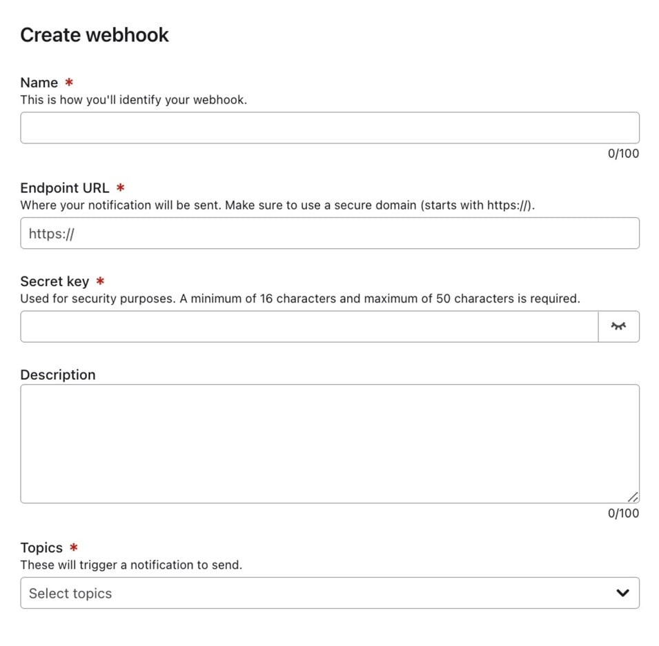 The create webhook page displayed, featuring input fields and options for setting up webhooks.