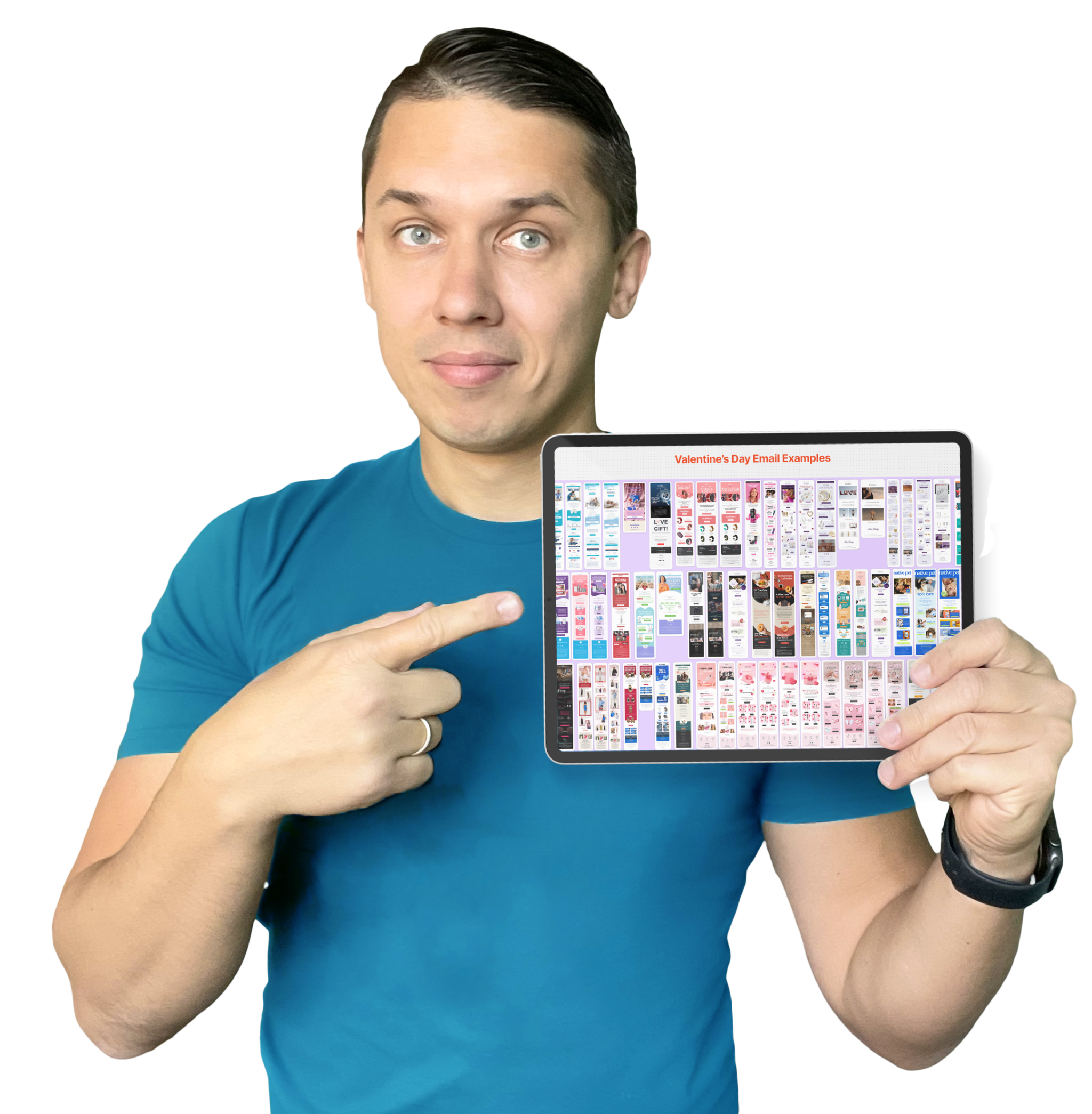 Andriy holding a tablet displaying numerous email examples.