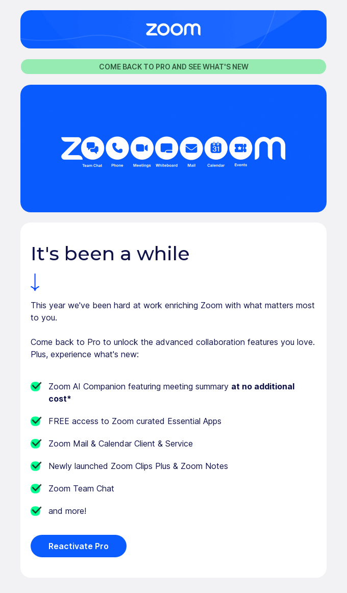 Zoom Winback Campaign, showcasing vibrant graphics and engaging content.