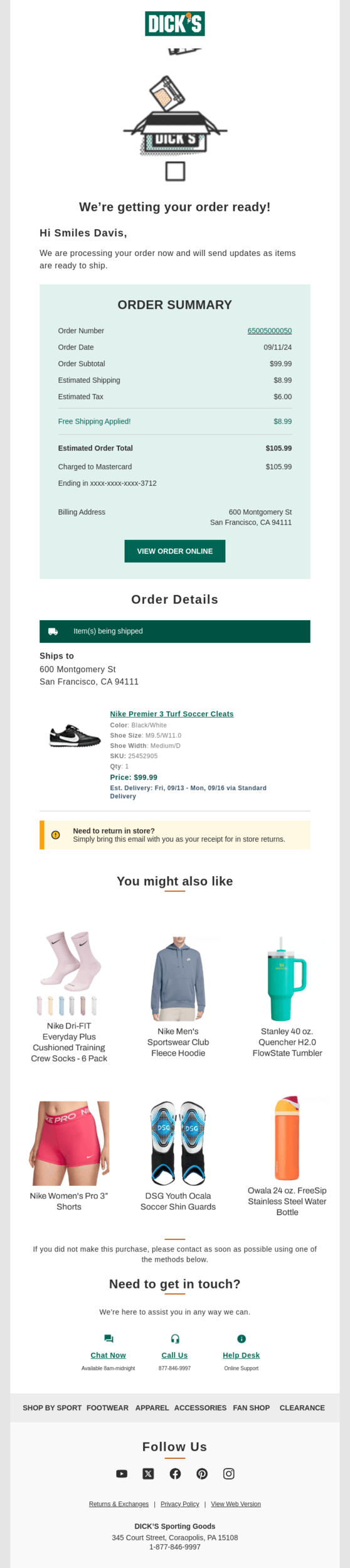 Example of ordering confirmation post-purchase email.
