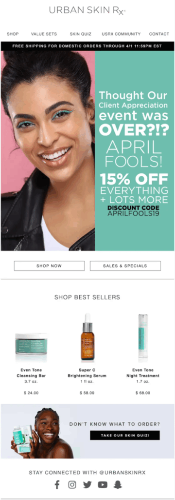 “April Fools!” Email by URBAN SKIN Rx.