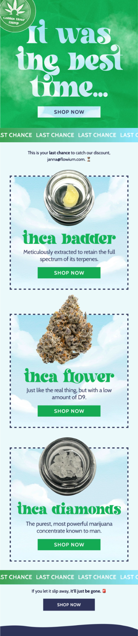 Golden Hour Hemp email design for case study.