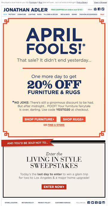 Extended April Fool’s sale email by Jonathan Adler.