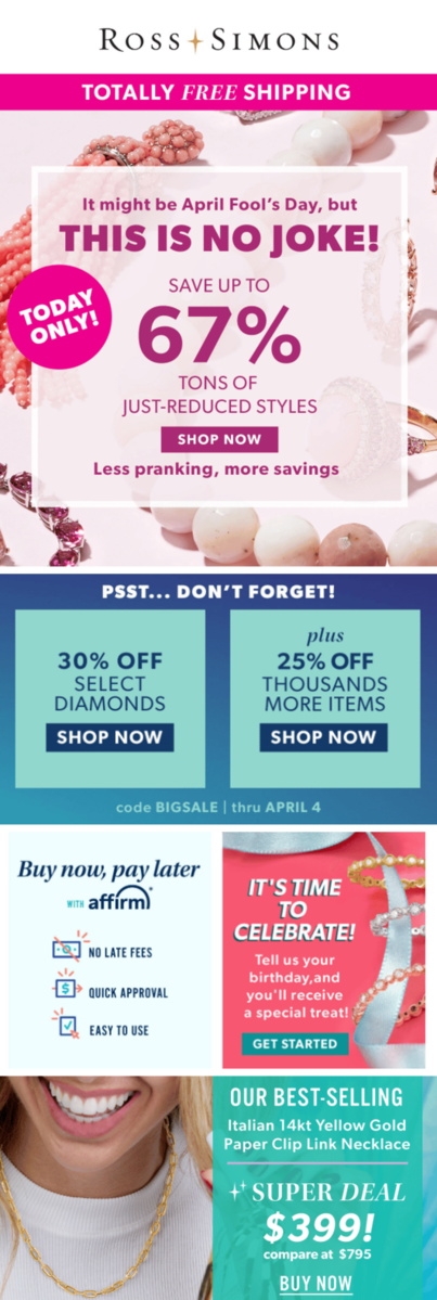 Ross-Simons April Fool's Day email.