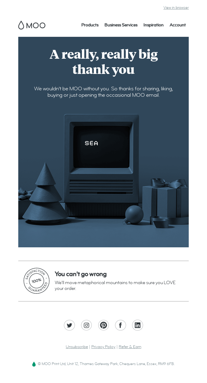 Thank-You Email Example for B2B from Moo.