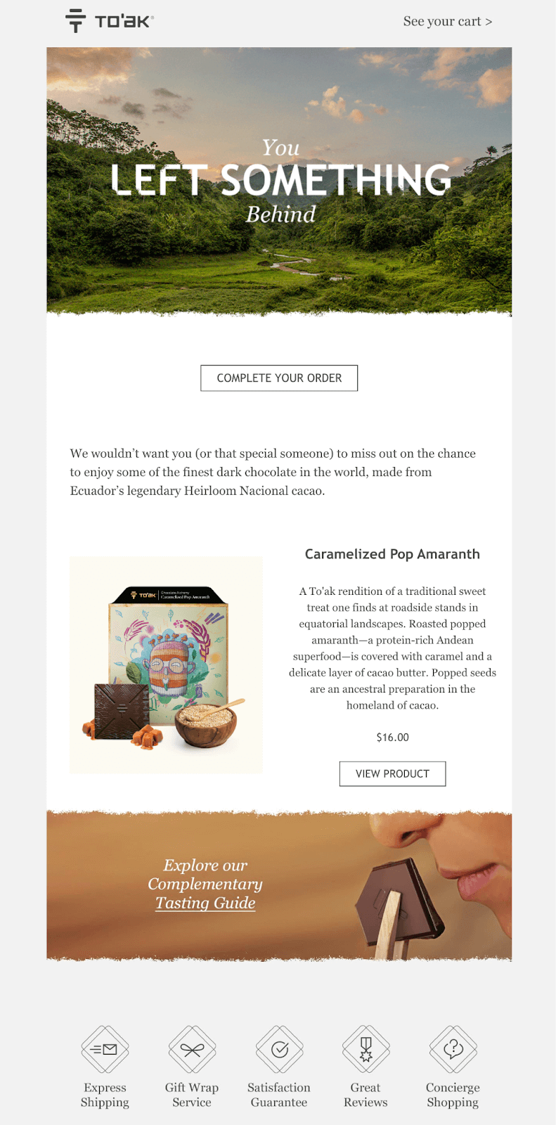 An email from To'ak Chocolate dedicated to an abandoned shopping cart.