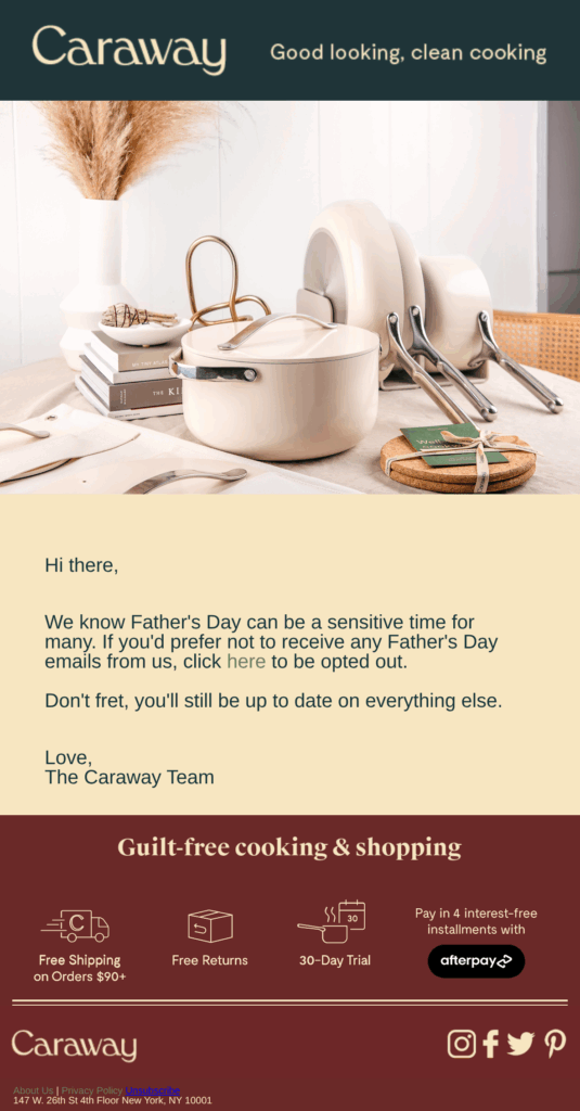 Unsubscribe Email example of Show Alternatives to Unsubscribing by Caraway.