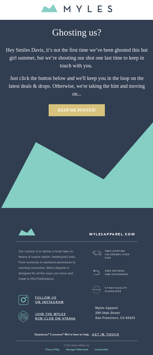 Myles Apparel's unsubscribe email.