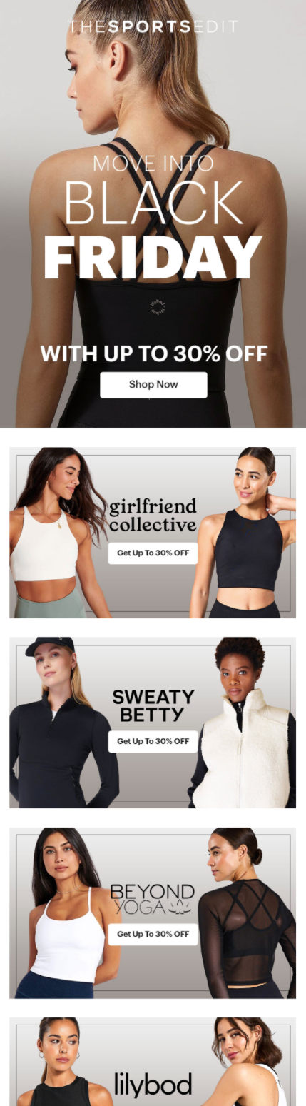 BFCM email design for The Sports Edit brand.