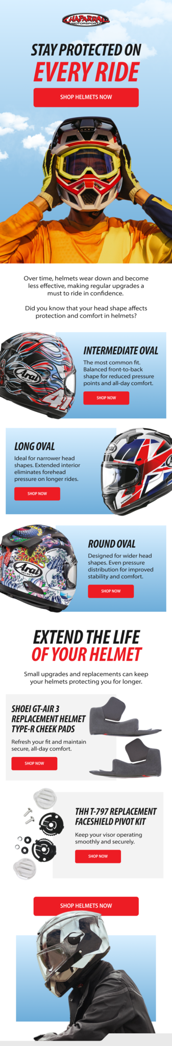 Chaparral Motorsport email showcasing helmet collection.