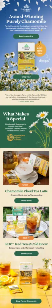 Organic India email with chamomile theme.